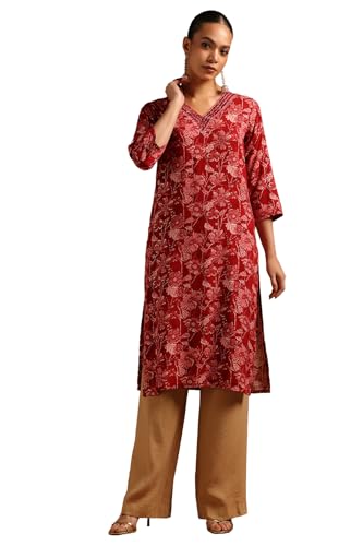 Soch Womens Red Rayon Botanical Print Kurta with Mirror Work