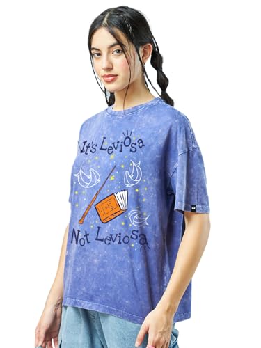 Bewakoof Official Harry Potter Merchandise Women's Graphic Printed Oversized Fit Half Sleeve Round Neck Cotton Jersey Acid Wash T-Shirt_659430_Blue_3XL