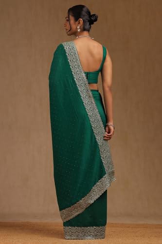 Soch Womens Teal Green Tussar Embellished Saree With Stone Work