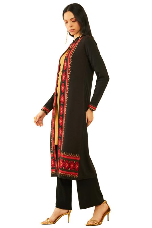 Soch Womens Black Acrylic Geometric Pattern Knitted Open-Front Longline Shrug(WW-CWA3KU60360A)