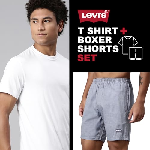 Levis' Men's Regular Fit 100% Cotton Round Neck Half Sleeve T Shirt with Solid Boxer Shorts Set (White/Denim Melange, M)