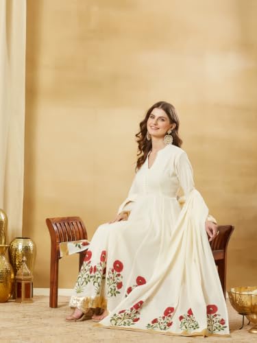 Divena White Cotton Hand Block Anarkali Kurta Sets with Dupatta
