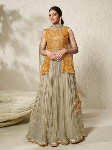 Woman's Stunning beige and yellow lehenga choli
