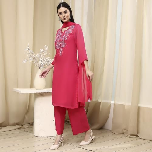 Biba Women Fuchsia Embroidered Straight Suit Set_38