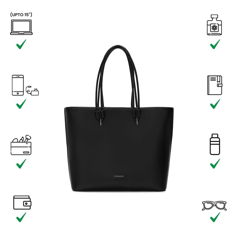 Miraggio Women's Jada Solid Tote Bag With Laptop Compartment | Tote Bags for Women For Office Use, Work | Ladies Shoulder Purse (Black)