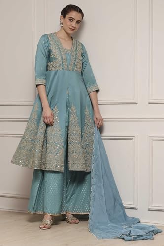 Biba Women Blue Silk Chanderi Anarkali Suit Set_42