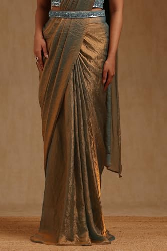 Soch Womens Turquoise Blue Organza Solid Ready To Wear Saree