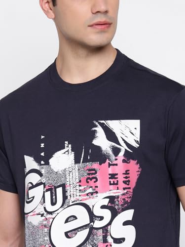 GUESS Mid Organic Stream Smart Blue Graphic Round Neck Regular Fit T-Shirt