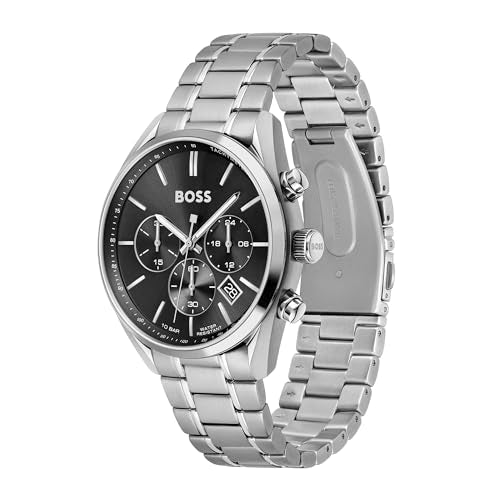 BOSS Champion Qtz Fashion Chrono Black Round Dial Men's Analog Watch|Stainless Steel Material|Silver Color Band - 1513871
