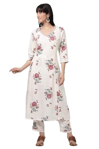 W for Woman White Floral Printed Textured Dobby A-line Kurta and Pants Co-ord Set (Size: 2XL)-WS12256-124240