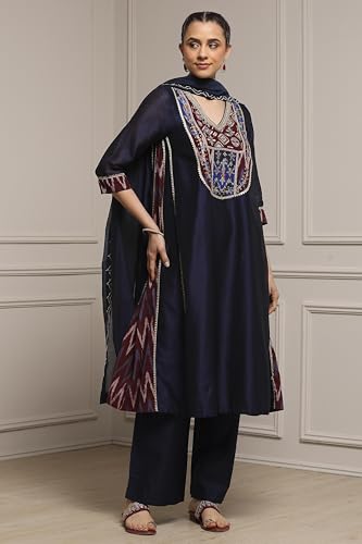 Biba Women Blue Cotton Blend A-Line Printed Suit Set_32