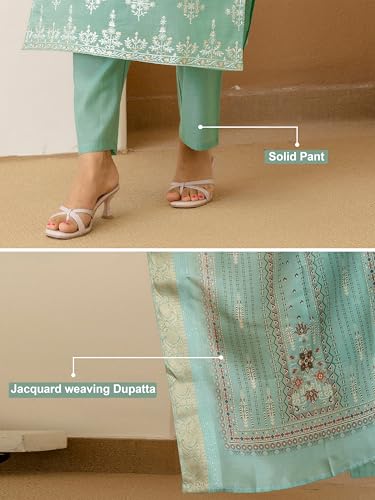 TRENDMALLS Women's Cotton Silk Embroidery Work Kurta Pant Set with Dupatta (G399-LightGreen-M-)
