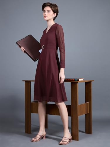 Miss Chase Women'sV-Neck Full Sleeve Fit Flare Midi Dress (MCAW24D94-99-184-02, Wine Red, XS)