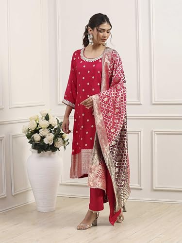 BIBA Women Pink Viscose Rayon Straight Suit Set_42