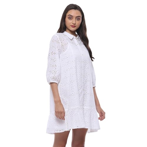 BIBA Women Cotton Straight Embroidred Dress Knee-Length Casual CASUALDRESSES2507SS24WHT_White