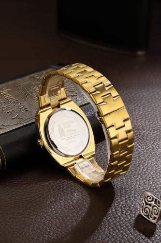 London Fog Analog Quartz Watch for Men with Gold Round Dial, Retrograde Date Display, 24-Hour Day-Night Indicator, Luminous Hands & Hour Markers and Gold Stainless Steel Bracelet - LFM10021-55