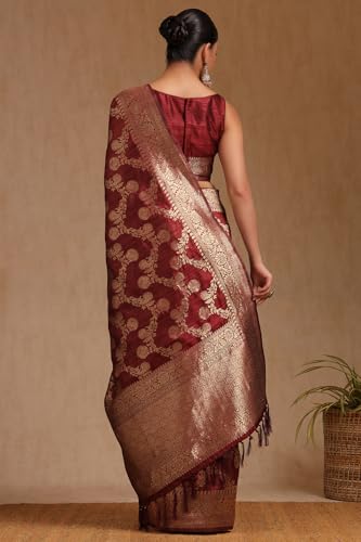 Soch Womens Maroon Tussar Floral Print Saree With Zari Woven