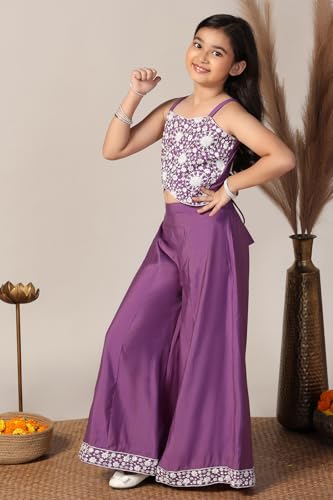 Fashion Dream Girl's Silk Blend Ethnic Top and Palazzo Set |Kids Salwar Suit Set|Embroidered Suit for Girls|Indo Western Set (FDGSET00229 PRP 32_Purple_9-10 Years)