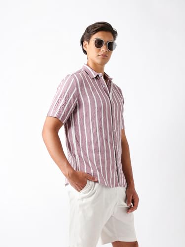 THE BEAR HOUSE Men Regular Fit Short Sleeve Striped Shirt Pink