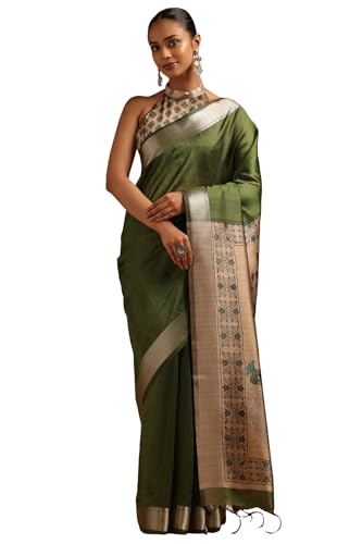 Soch Womens Green Tussar Kalamkari Printed Saree
