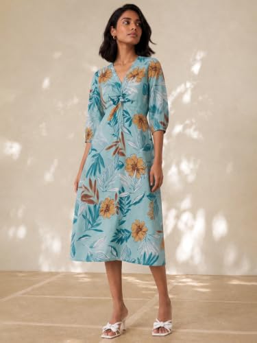 Max Women Floral Print Midi Dress(Blue_XS)