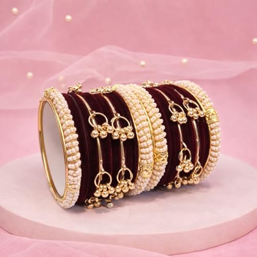 STREE STORE Gold Plated Chooda Set | Maroon Velvet Bangles, Beads & Kashmiri Ghunghri Design | Traditional Bridal Jewellery Set of 32 Bangles for Women | Premium Imitation Jewellery