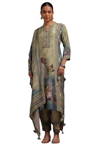 Soch Womens Olive Muslin Floral Print Suit Set With Beads