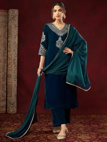 VARNI FABRICS: A lady's First Love Women's Teal Velvet Embroidered Salwar Suit With Chinon Dupatta, Festive Ethnic Wear (IN, Alpha, M, Regular)