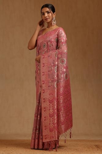 Soch Womens Blush Pink Chanderi Woven Design Saree