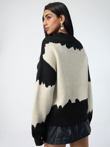 The Souled Store Mickey Mouse: Monochrome Women and Girls Full Sleeves Round Neck Black and White Printed Acrylic Polyester Oversized Fit Casual Pullover Sweater