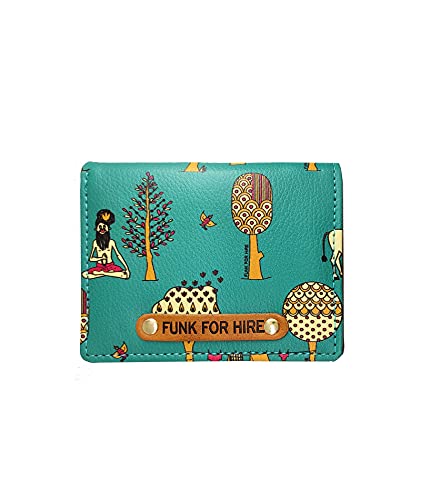 Funk For Hire Teal Graphic Printed Leatherette Card Holder Wallet – Unisex, 6 Card Slots, Coin Pouch, Compact Bifold Design, Lightweight, Made in India
