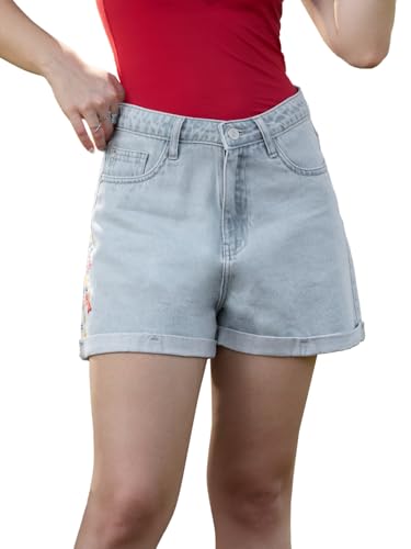 The Souled Store Denim Shorts: Koi Fish Women and Girls Buttoned Waistband Light Blue Embroidered Cotton Denim Regular Fit Lightweight All-Season Everyday Casual Shorts