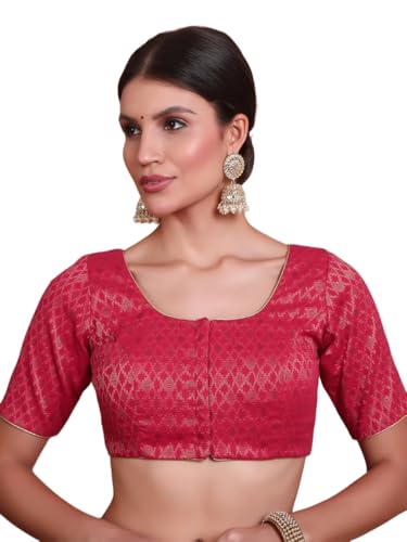 S SALWAR STUDIO Pink Brocade Round Neck Readymade Padded Blouse