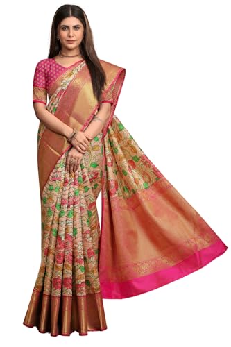 SGF11 Women's Kalamkari Kanjivaram Pure Soft Silk Handloom Saree Pure Golden Zari With Blouse Piece (Peach 06)