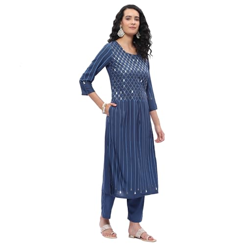 BIBA Women's Polycotton Kurta Suit Set (SKD7437ESS23BLU_Blue_XL)