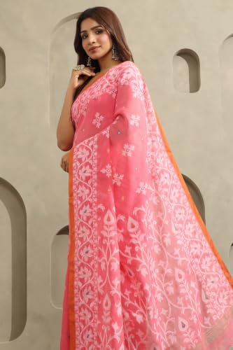 Soch Womens Pink Cotton Jamdani Woven Saree