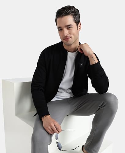 Jockey AM99 Men's Super Combed Cotton Rich Pique Fabric Jacket with Ribbed Cuffs_Black_M