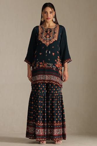 Soch Women's Teal Green Crepe Floral Print Suit Set With Mirror Work