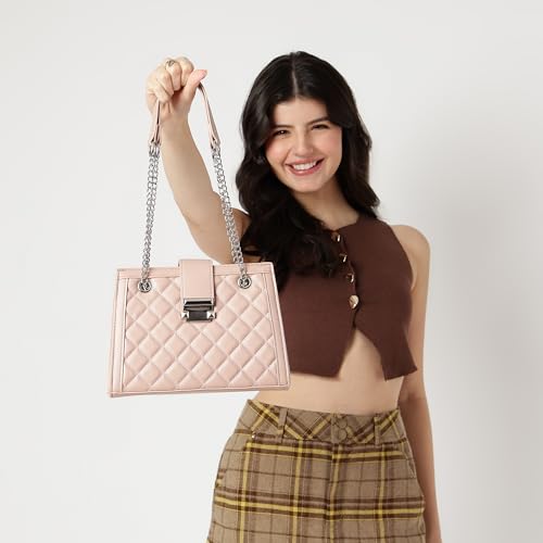 Pink SnapLock Shoulder Bag | Quilted Faux-Leather Women’s Handbag |Bag with Chain Strap & Dual Closure