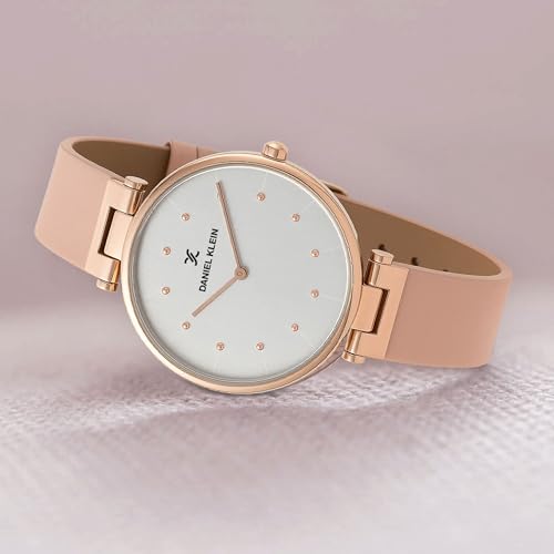 Daniel Klein Analog Silver Round Dial Rose Gold Case Pink Leather Strap Water-Resistant Wrist Watch for Women Girls, Ladies DK.1.12260-5