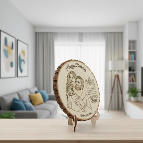 Natural Wooden Slice Photo Frame | 5 Inch Custom Photo Gift Item | Laser Engraved Natural Wood Slice with Stand | Handmade Personalized Gift for Wedding
