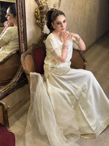 Women's Off White Chinon Embroidered Kurti Set With Palazzo And Dupatta