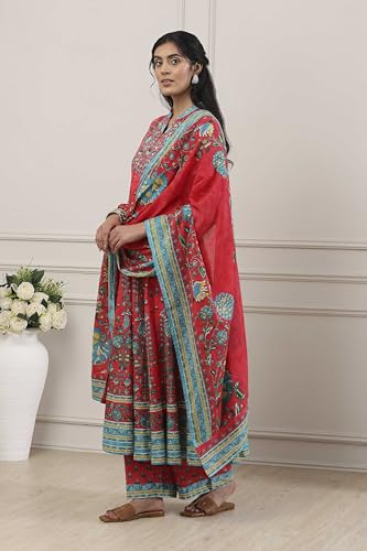 Biba Women Red Cotton Kalidar Suit Set_32