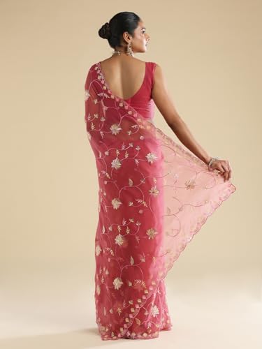 AKHILAM Women's Pink Poly Chiffon Embroidered Embroidered Saree With Unstitched Blouse Piece (ANIKA4204_AG)