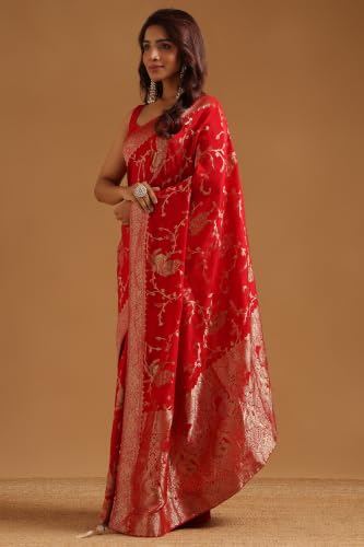 Soch Womens Red Satin Bird Motifs Zari Woven Saree