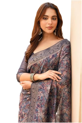 Soch Womens Grey Chanderi Geometric Print Saree