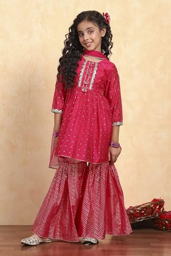 Biba Girl's Pink Polyester Blend Printed Gathered Suit Set