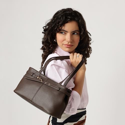 Fastrack Gilded Lock Brown Shoulder Bag | Pebbled Faux Leather Handbag with Swivel Clasp Front | Spacious Zip Closure Bag with Organizer Pockets & Dual Handles