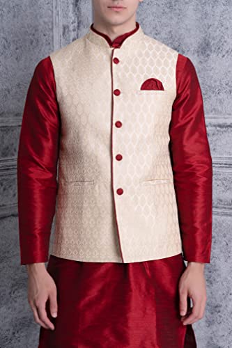 Ethluxis Men's Silk Blend Maroon Kurta Churidar Pyjama with Stylish Bundi Nehru Jacket Waistcoat (36, Maroon/Golden)