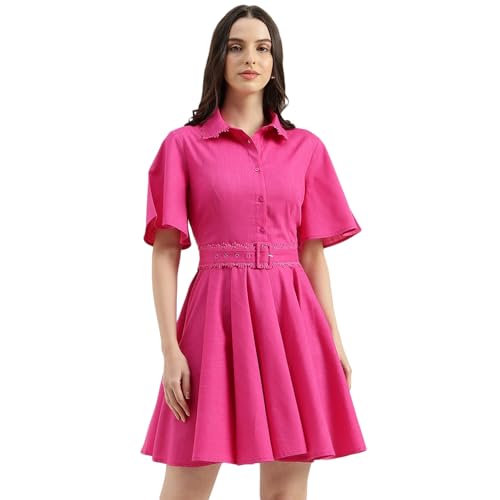 United Colors of Benetton Regular Fit Spread Collar Solid Lace Detail Shirt Dress (Size: 2XL) - 26P4WVNDR309IPF1 Pink